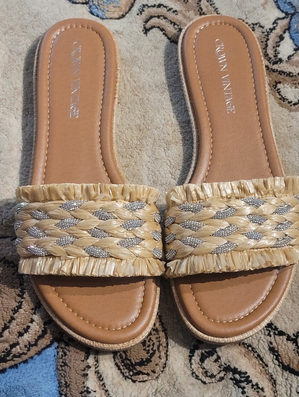 Crown Vintage Tan Raffia Slide Sandals with Silver Accent